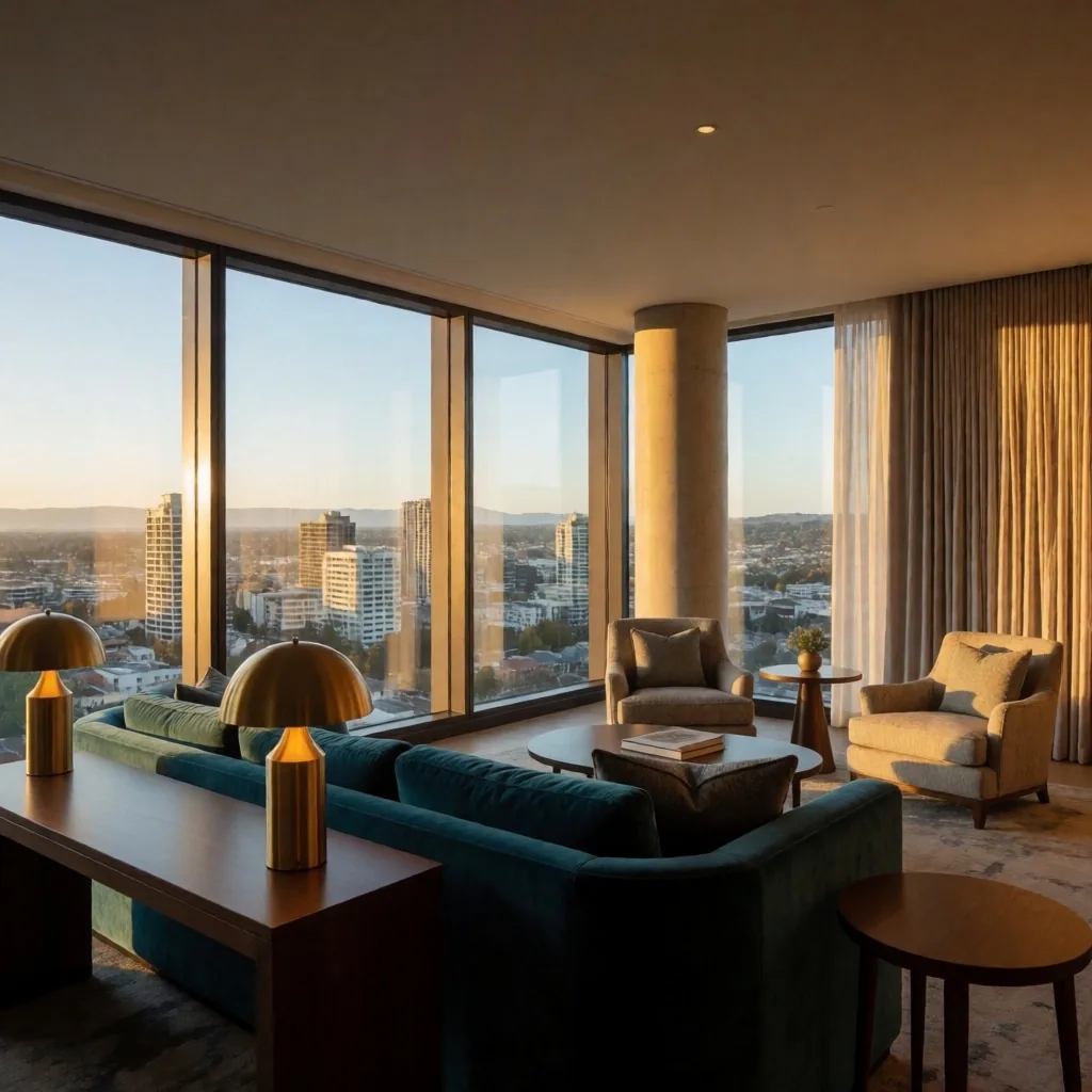 Deluxe suite living area with Christchurch skyline views