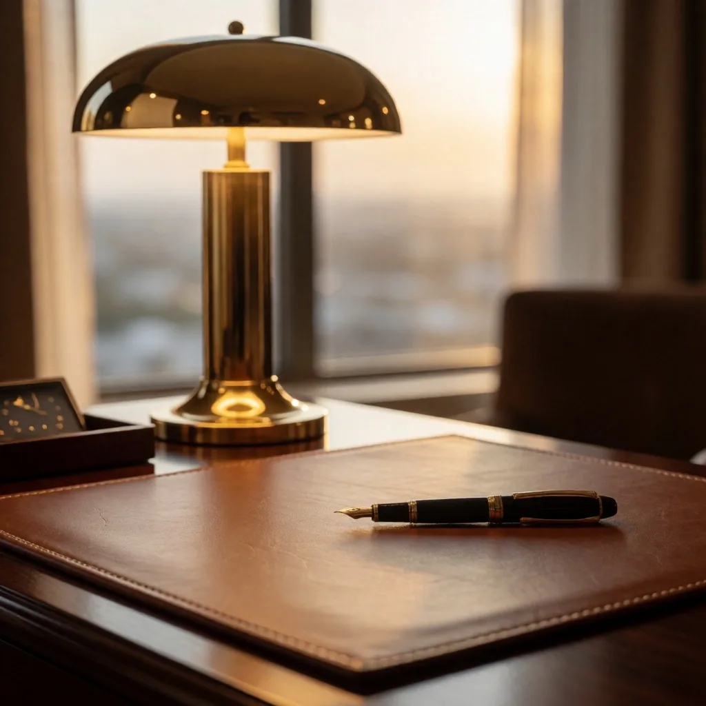 In-room workspace detail with leather desk surface and brass lamp