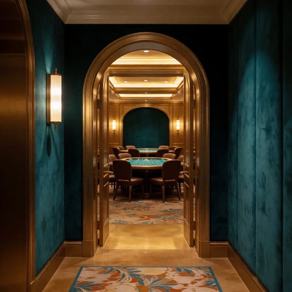 View from hotel corridor toward the gaming hall entrance