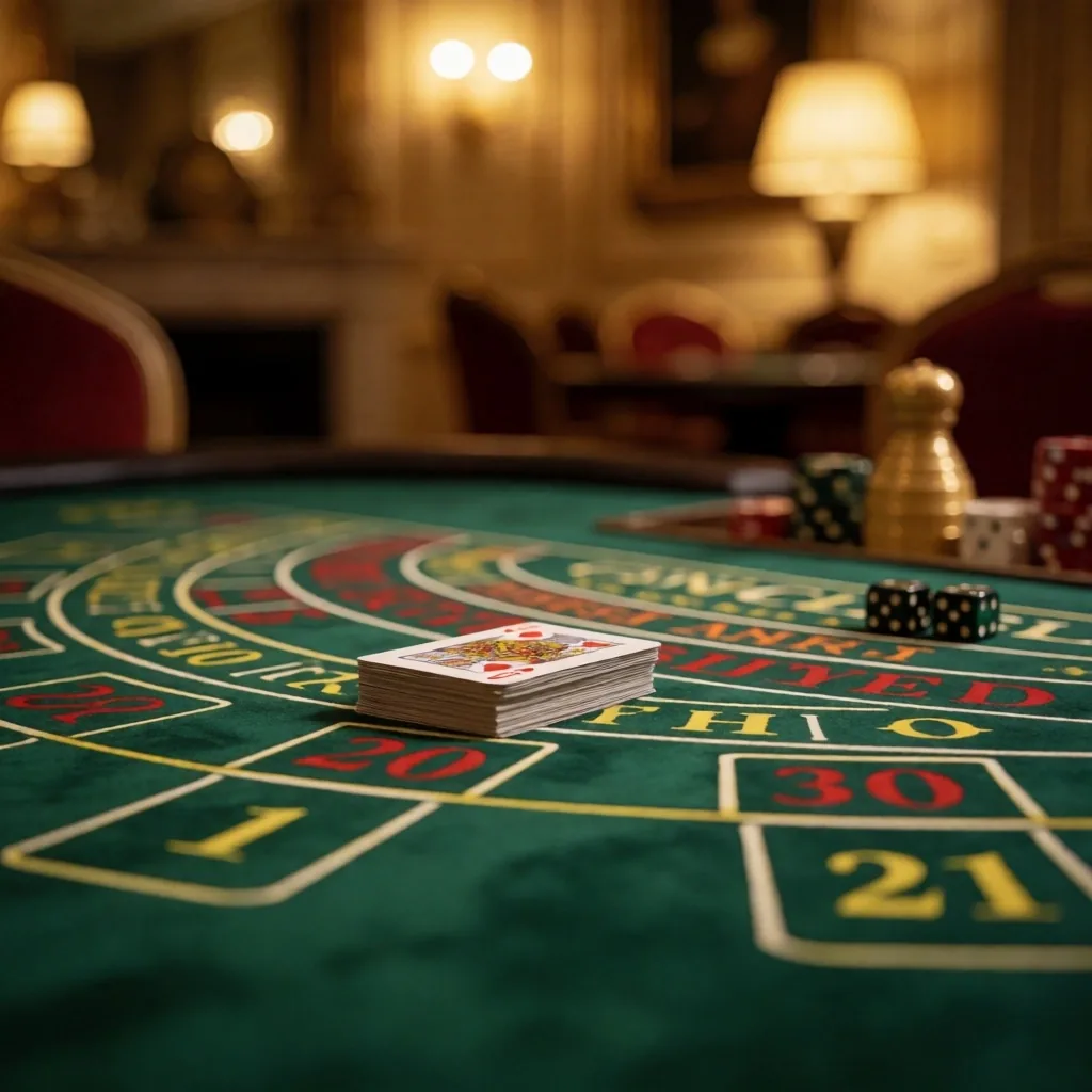 Gaming table felt with cards and dice in warm light