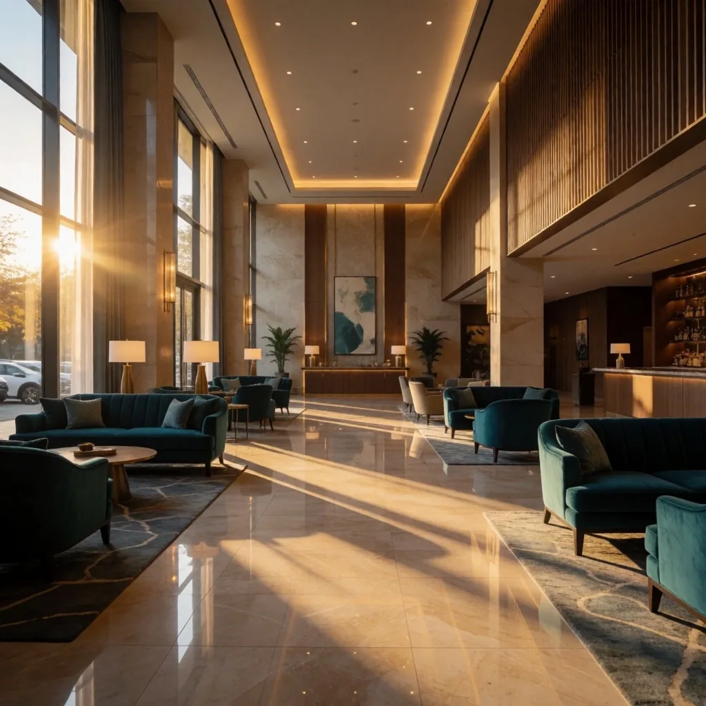 Kingsmere Retreat Christchurch lobby interior at golden hour
