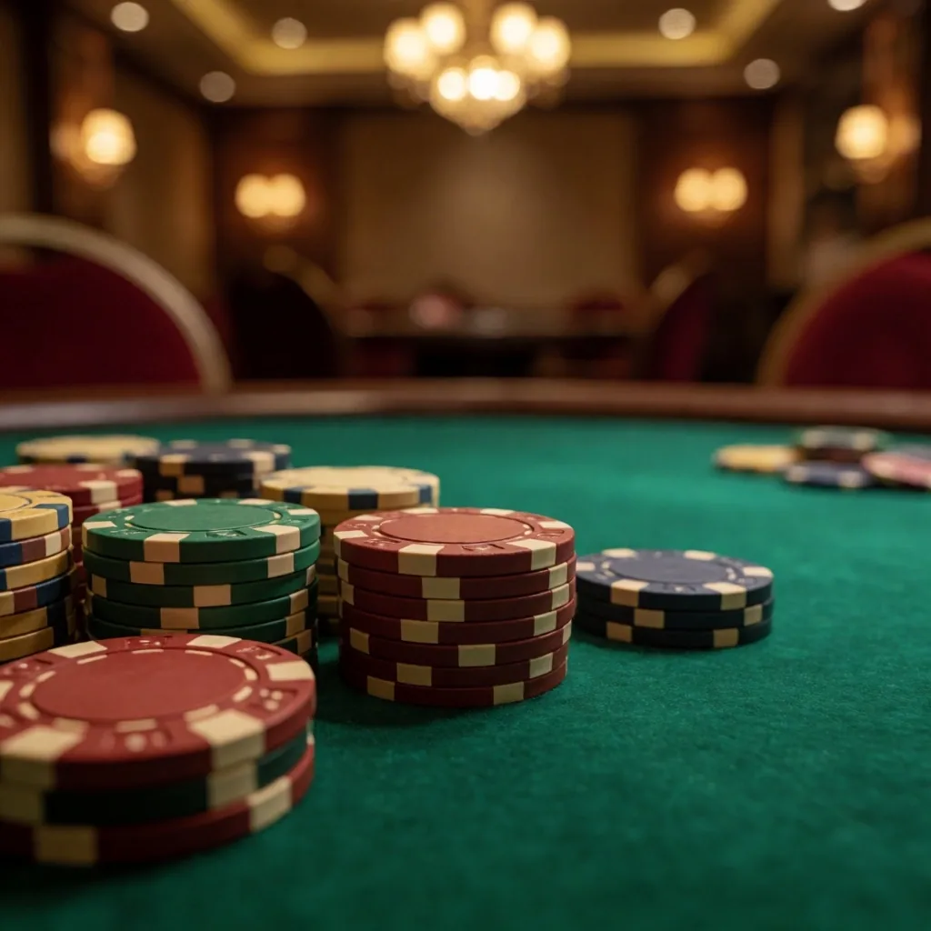Casino chips stacked on green felt gaming table