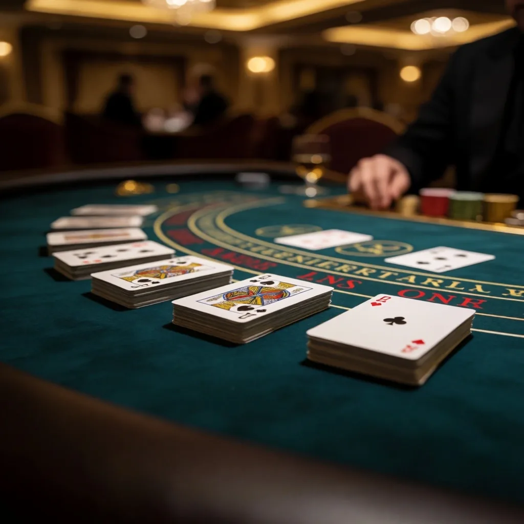 Playing cards spread on casino table felt