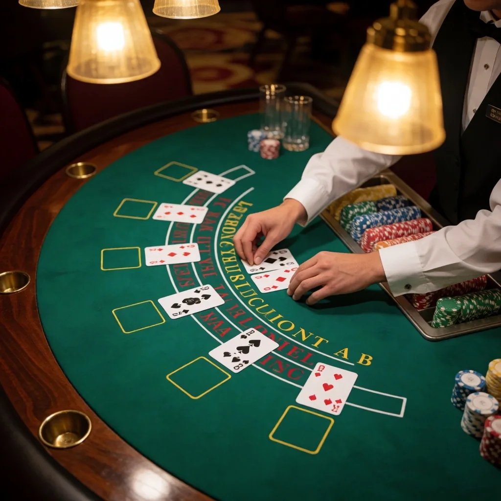 Blackjack table felt with cards and chips arranged on the Kingsmere Retreat gaming floor