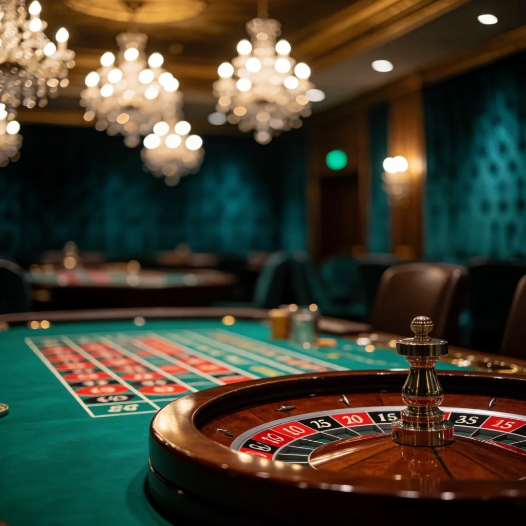 Roulette wheel on the Kingsmere Retreat gaming floor under warm golden light