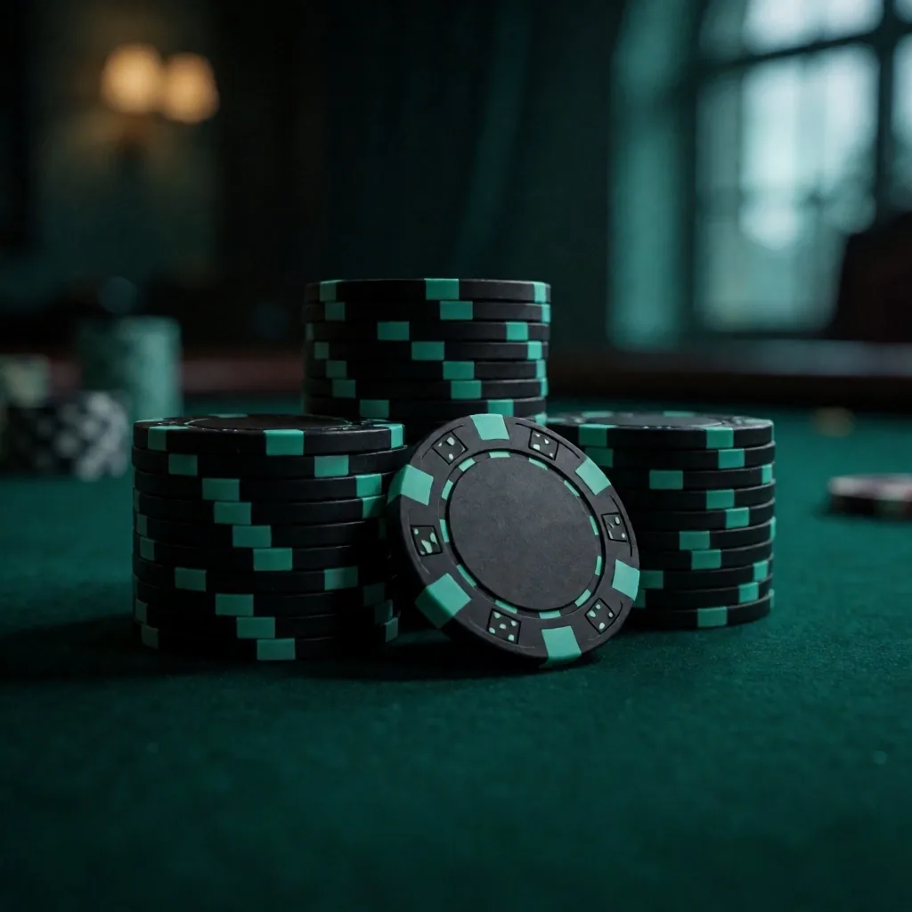 Stacked casino chips in warm light on the Kingsmere Retreat gaming floor
