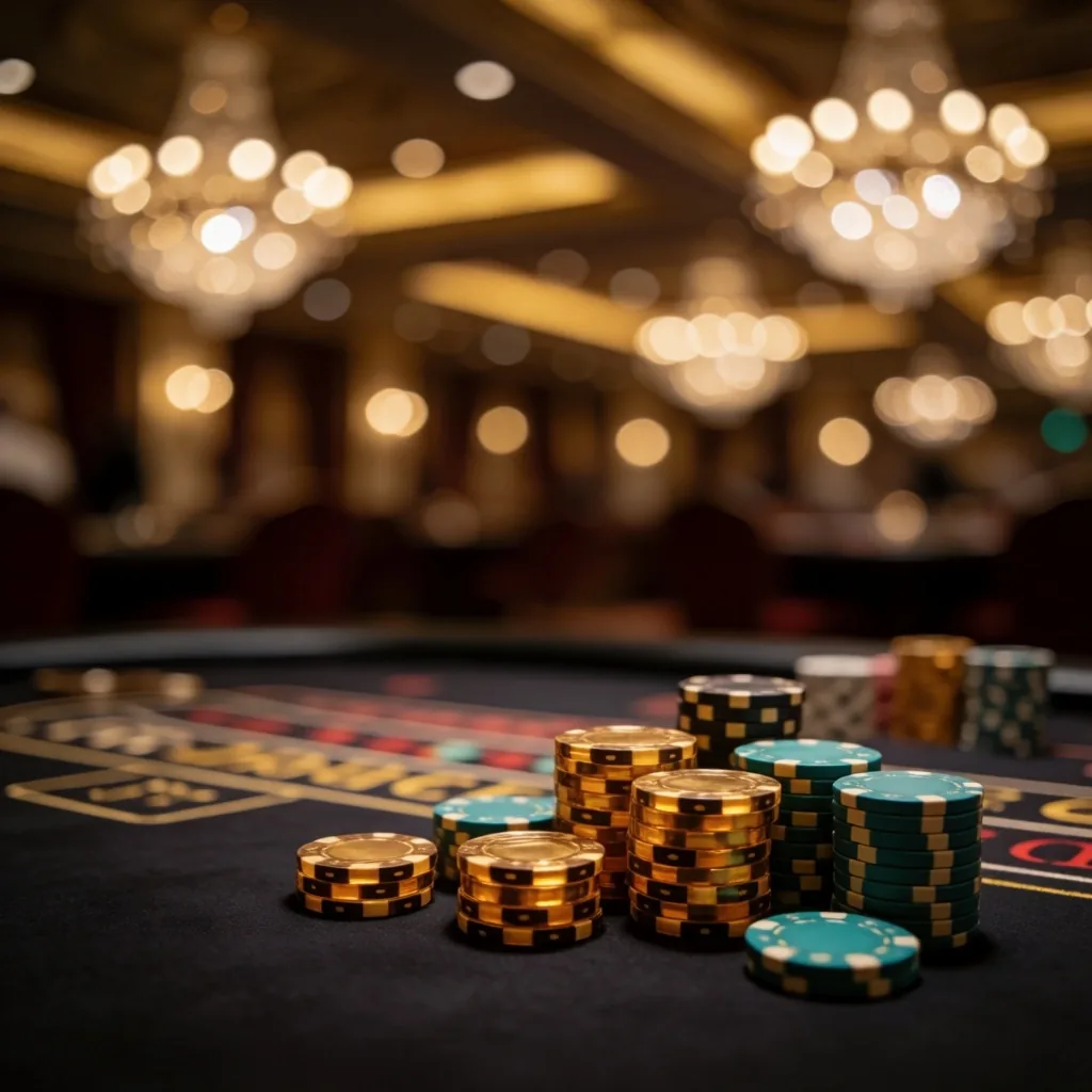 Poker chips on green felt under warm light