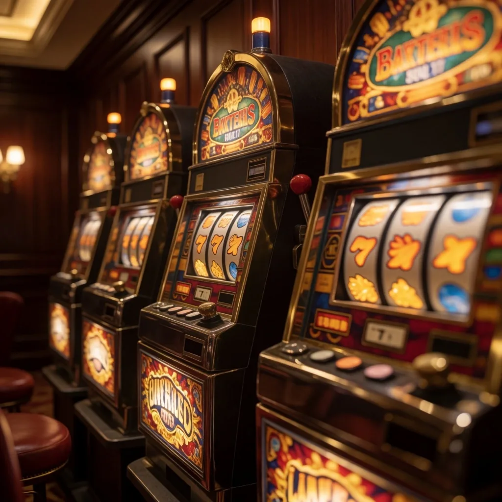Slot machines along a wood-panelled wall