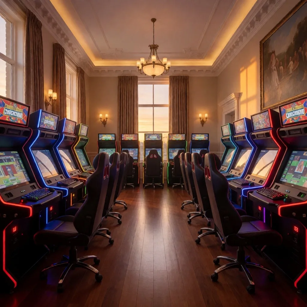 Kingsmere Retreat gaming hall interior at golden hour